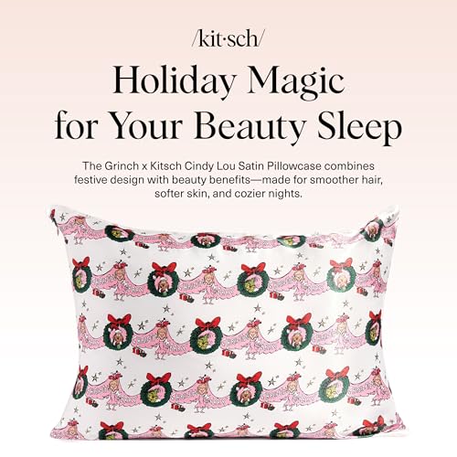 The Grinch x Kitsch Satin Pillowcase with Zipper for Hair & Skin - Softer Than Silk Pillow Cases, Cooling Satin Pillow Case, Machine Washable, Wrinkle-Free Pillow Cases Standard Size 19x26 - Cindy Lou - color: Cindy Lou, size: Standard/Queen (1 Pack)