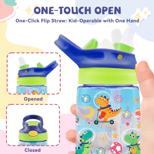 Kids Plastic Water Bottle - Dinosaur Water Bottles for Kids, 14oz Plastic Water Bottles with Straw Lid, Leakproof BPA-Free Dinosaur Water Bottle for Home Sports Travel, Pop-Up Straw Cover, Blue - color: Dino