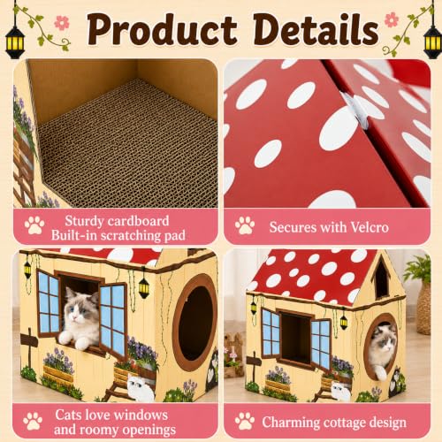 Cinrobiye Cardboard Cat House with Scratcher, Indoor Cat Condo Cat Cave Hideout with Scratch Pad, Cardboard Cat Playhouse Bed for Cats, Kittens, Rabbits & Small Pets (Mushroom) - color: Mushroom