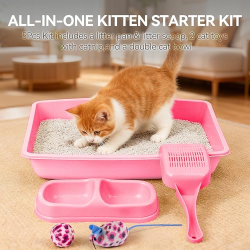 PAWISE Cat Litter Box Set, Small Kitten Starter Kit, Includes Litter Box, Litter Scoop, Double Dish Feeding Bowl, Cat Mouse Toy, Kitty Ball Toy, Pink - color: Pink