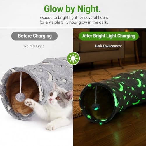 Cat Tube Tunnel with Plush Ball Toys Collapsible Self-Luminous, for Cat Small Pets Bunny Rabbits, Kittens, Ferrets,Puppy and Dogs Grey Moon Star 3 Way - size: 3 Way