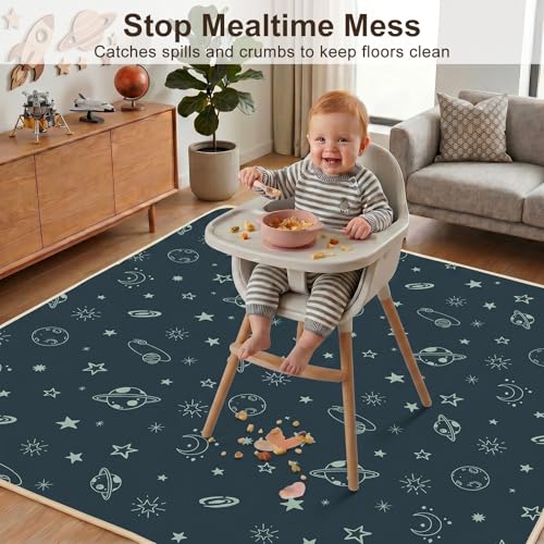 Basumee Splat Mat for Under High Chair, Waterproof & Mess-Proof Floor Mat | 46"×42" Baby Splash Mat, Non Slip Bottom, 4-Layer Fabric, Food & Liquid Catcher, Machine Wash for Boy Girl, Meals, BLW, Craft - color: Dark Blue Space, size: 46x42 Inches