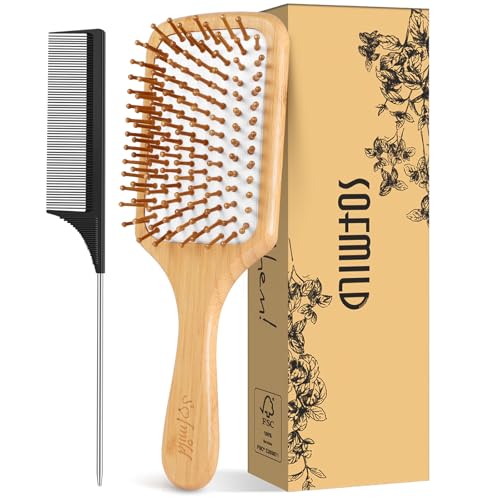 Sofmild Bamboo Hair Brush with Tail Comb, Detangling Paddle Brush | Wooden Paddle Brush with Ergonomic Handle for Thick Curly Thin Long Hair,Detangler Brush for Hair Growth and Massage Scalp - color: White