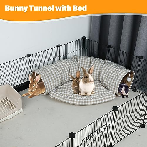 BWOGUE Bunny Tunnel Bed, 2-in-1 Collapsible Rabbit Tunnel Hideout with Mat | Removable Mat for Washing, Ball Toy for Play, Tunnel Tubes for Hiding, Soft Suede Fabric, Cats Rabbits Guinea Pigs - color: YellowPlaid