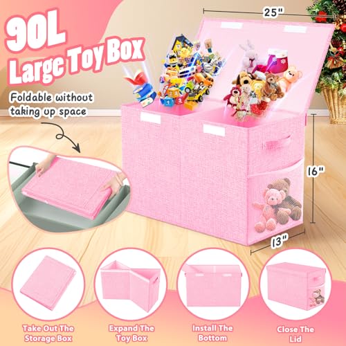 Large Toy Storage Box with Lid & Dividers, Collapsible Kids Toy Chest, Pink | Toy Box for Boys, Girls, Nursery, Bedroom, Living Room, Playroom, 25 x 13 x 16 inches - color: Large Pink