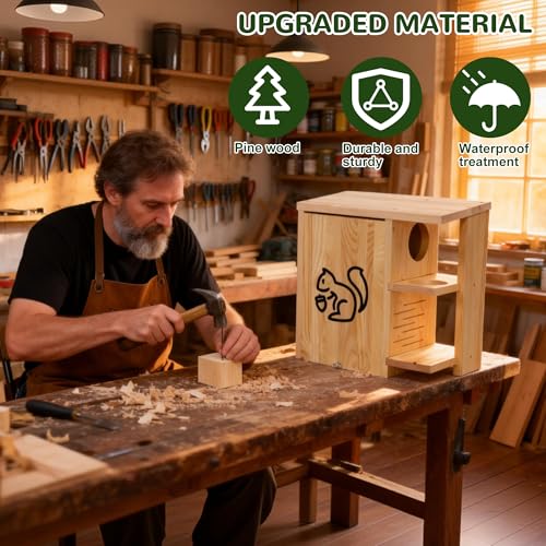 Widened Large Wooden Squirrel House Outdoor | External Platform & Porch, Squirrel Nesting Box, Squirrel Boxes for Outside, Chipmunk Houses, Easy Assembly - size: Large