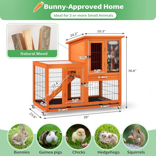COZIWOW Rabbit Hutch Indoor Outdoor with Wire Floor & Removable Tray Orange | 2-Story Large Wooden Bunny Cage on Wheels, No-Spill Design, Chewproof Ramp for Multiple Small Animals