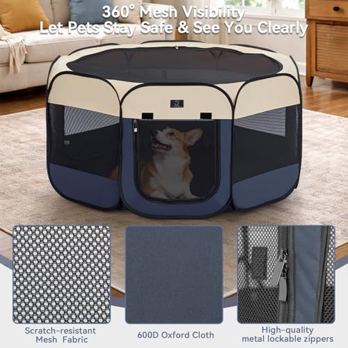 A 4 Pet 40.55-in Dog Playpen for Small Dogs & Puppies, Foldable | Includes bowl, waterproof floor, pop-up design, home/travel/outdoor use - color: Blue+Beige, size: M(40.55"x40.55"x20.5")