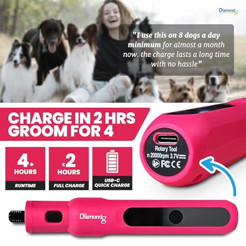 Diamondg Micro Dog Nail Grinder - Quiet Sound with LED Light, Pink | 5-Speed Rechargeable Pet Nail Trimmer for Small & Large Dogs, LCD Display, USB-C Charging, 4hrs. Runtime Rotary Tool - color: Micro - Pink