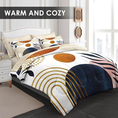 WeCozy Twin Comforter Set with Sheets, 5 Pieces Mid Century Bedding | Bed in A Bag for All Season, Sun Boho Geometric Leaf, Pillowcase & Sham for Kids and Adults - color: Boho Geometric, size: Twin