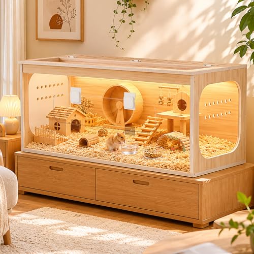 32" Large Wooden Hamster Cage with Lockable Front Access Door & Openable Top, Thick Acrylic Panels, Ventilated Hamster Habitat for Syrian Hamsters, Dwarf Hamsters, Gerbils, Guinea Pigs