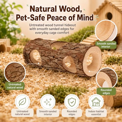 Toddmomy Wooden Hamster Hideout Tunnel for Small Animals 5.90X2.36X2.36In Rat and Guinea Pig Shelter Tube Habitat Safe Play and Rest Space