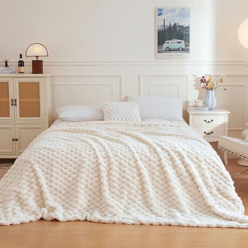 XeGe Luxury Bubble Fluffy Faux Rabbit Fur Bed Blanket King Size, Beige | 104"x90", Double-Sided, Hypoallergenic, No-Shed, Washable, Boho Furry Blanket for Master Bedroom, Couples & Family Snuggling - color: Beige, size: King (104" X 90")