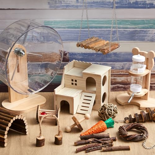 18 Pcs Hamster Accessories for Cages 10 Kinds Hamster Toys Set | Silent Hamster Wheel Maze Wood House Water Bottle Set for Rat Mice Small Animals Habitat Decor Enrichment(Mixed Play Form) - style: Mixed Play Style