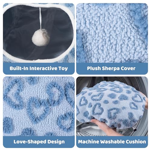 Cat Tunnel Bed, Cute Cat Tunnel Toy with Washable Cushion, Fits Indoor Cats up to 25 lbs, Cute Peekaboo Cave Pet Bed for Kittens, Rabbits, Blue Heart - color: Blue Heart