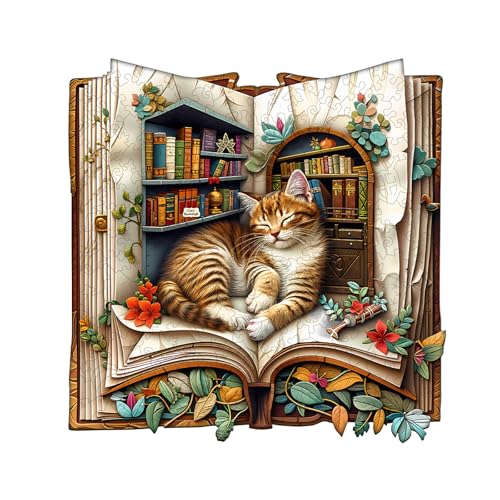 Animal 100 Pieces Wooden Puzzles for Adults - Cat in The Book | Unique Shapes Wooden Jigsaw Puzzles, Birthday Decor Gifts for Wood Puzzle Lovers, Family (7.7 * 7.6in) - color: Cat in the Book, size: Small