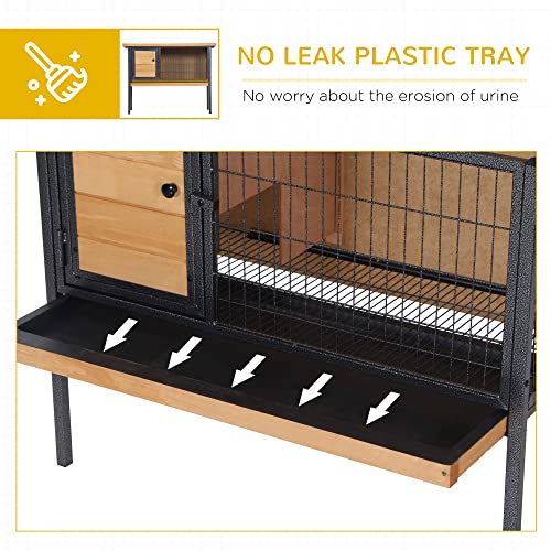 PawHut Rabbit Hutch Elevated Bunny Cage Metal Frame No Leak Tray Natural | Small Animal Habitat, Metal Wire Pan, Openable Water-Resistant Asphalt Roof, for Rabbits Chickens Ducks, Indoor/Outdoor