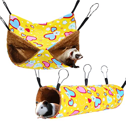 petonfun Ferret Rat Hammock Tunnel Set for Cage Accessories Toys Bed,Yellow | 2 Pack, Large Size, Cute Pattern, Double Sided, Hideout for Guinea Pig and Chinchilla to Hide, Suitable for Most Small Animal - color: Yellow