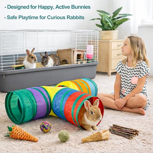 Mechpia Rabbit Toys, 3 Way Buuny Hideout Foldable Rabbit Tunnel and Tubes for Rabbit Guinea Pig Chinchilla Ferret Rat