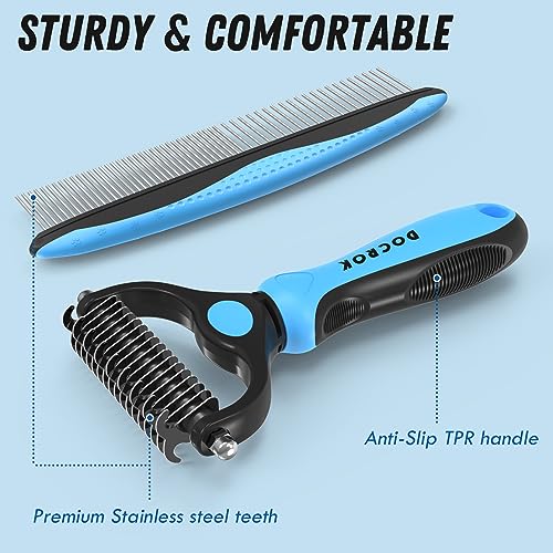 Docrok Pet Grooming Combo - Blue Deshedding Brush with Metal Comb for Detangling and Dematting Long, Matted Fur on Cats and Dogs | Dematting Deshedding Undercoat Rake, Cat Brush Dog Brush Shedding Tool for Long Matted Haired Pets - color: Blue
