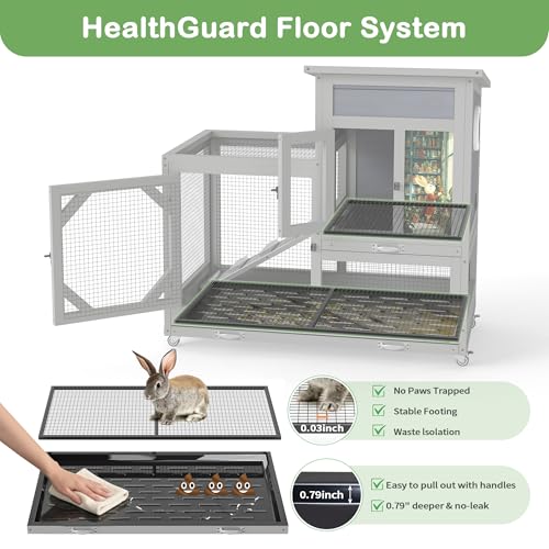 COZIWOW Rabbit Hutch Indoor Outdoor Bunny Cage with Wire Floors, Gray | 2 Wire Floors & Removable Trays, 2-Story Large Wooden Rabbit Cage on Wheels, Chewproof Ramp for Multiple Small Animals