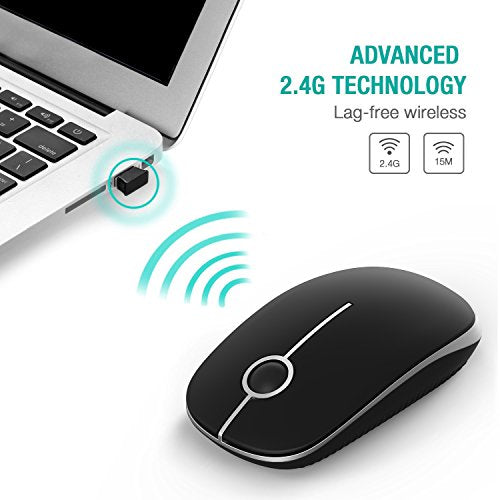 VssoPlor Wireless Mouse, 2.4G Slim Computer Laptop Mouse, Black and Silver | Portable Mouse, Plug & Play USB Nano Receiver, Quiet Silent Optical Mice for Notebook, PC, Laptop, Computer, Windows, Mac - color: Black and Silver