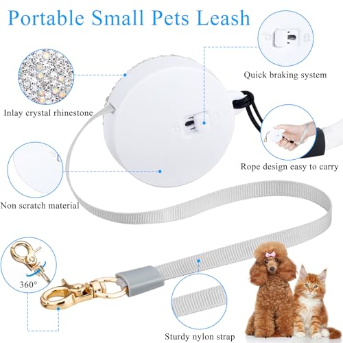 SlowVibes Bling Mini Retractable Dog Cat Leash, 6.5 ft, for Small Pet | Portable rhinestone leash for small dogs, cats, rabbits up to 11 lb, anti-pull strong nylon tape, wrist strap, one-hand brake