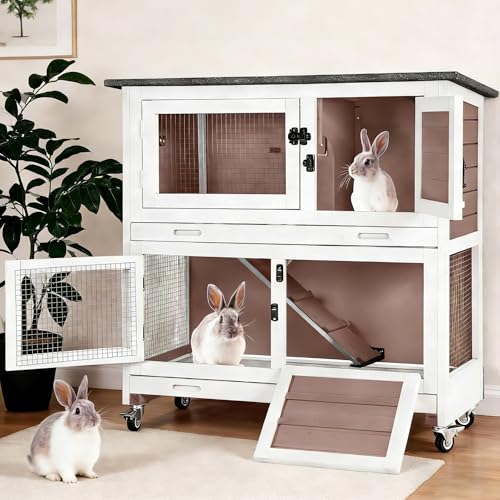 Suumerpety 36" 2-Story Wooden Rabbit Hutch with Chew-Proof Ramp, Double Leak-Proof Pull-Out Trays & 4 Lockable Wheels, Indoor Outdoor Bunny Cage for Rabbits & Guinea Pigs (Brown) - color: (Brown-AIR77)