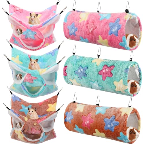 6 Pcs Rat Hammock Set Ferret Hanging Tunnel 3 Tier Guinea Pig Hammocks Hideout Soft Chinchilla Bed for Cage Accessories Hide,Play and Sleep(Dreamy,Star) - color: Dreamy