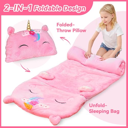 iPlay, iLearn Kids Unicorn Sleeping Bag, Toddler Girl Daycare Plush Nap Mat | 2 In 1 Animal Slumber Bag, Pink Pillow, Happy Travel Sleepover Preschool Birthday Gift for Age 3 4 5 6 7 8 10 12 Child Teens - style: Unicorn
