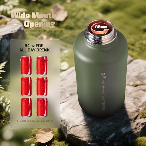 ONETIGRIS 64oz Tactical Insulated Water Bottle with 3 Lids & MOLLE Pouch | 48H Cold and 24H Hot Double Wall,304 Stainless Steel Wide Mouth,BPA Free Leakproof Silicone Seal，Paracord Handle Easy Carry - color: Green