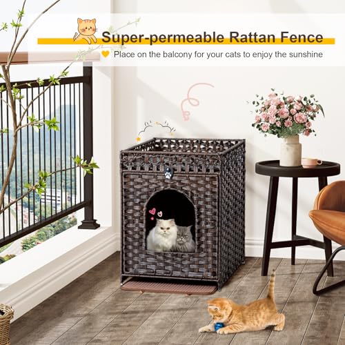 Snughome Cat Litter Box Enclosure Furniture Hidden with Litter Mat, Hidden Cat Washroom Furniture with Door, Handwoven Rattan Cat Washroom Box, Indoor Pet House for Living Room, Bedroom (Brown) - color: Brown