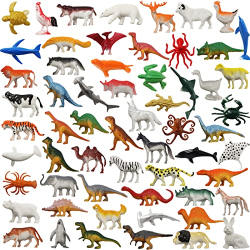 60 Pcs Assorted Dinosaur, Ocean, Sea, Farm, Jungle, Wild Animals & Dinosaurs Figure Realistic Plastic Zoo Play Set - Small Toys for Kids, Cupcake Topper, Party Favors