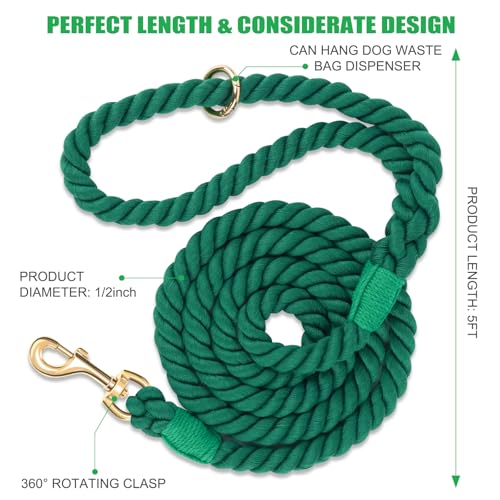 5 FT Handmade Rope Dog Leash for Small Medium and Large Dogs | Soft and Comfortable Grip, New Golden Heavy Duty Metal Clasp, Dark Green - color: Dark Green, size: 5FT x 1/2in (Pack of 1)