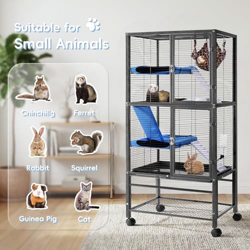 HABUTWAY 55''H Large Metal Rolling Ferrets Cage, Cage for Rats/Chinchillas, 0.5'' Bar Spacing for Ferret,Small Animal Cage w/Removable Ramp & Platform