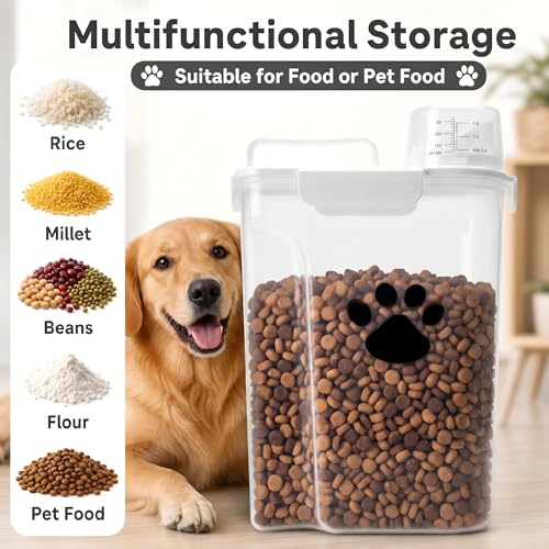 5-7Lbs Dog Storage Container with cleaning brush and Measuring Cup | Airtight Portable Pet Food Containers with Upgraded Large Spout and Cup for Dogs,Cats,Birds,2 Packs（3L+5L） White - color: 6QT+3QT-White