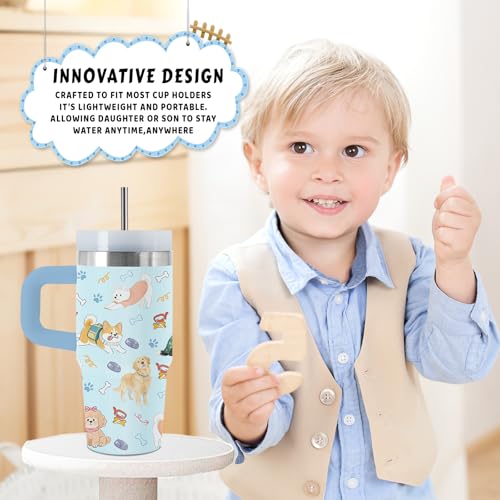 Dog 14 oz Tumbler, with Handle Straw, Stainless Steel Coffee Cup | 14oz Insulated Sports Water Bottle, Reusable Leak-proof Travel Mug, Thanksgiving Christmas Birthday Gifts for Son & Daughter - color: Dog-Blue