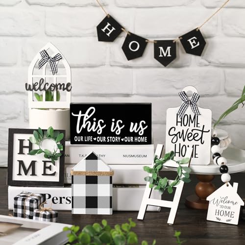 FairySandy Set of 11 Home Tiered Tray Decor This is us Rustic Farmhouse Tiered Tray Decorations Set Home Wooden Signs Vintage Farm Animal Farmhouse Tabletop Wood Signs for Kitchen Table Shelf Decor - style: Plaid