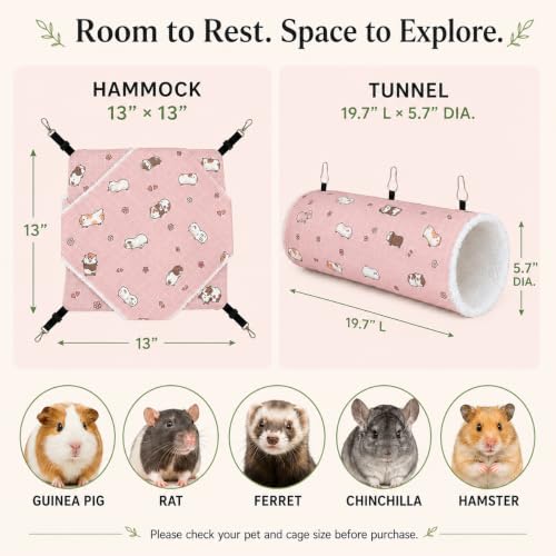 Small Pet Hammock & Tunnel Set for Ferrets, Guinea Pigs, Rats - Plush Hideout Bed & Cage Toy, 2-Pack, Pink Guinea Pig Print - color: Pink