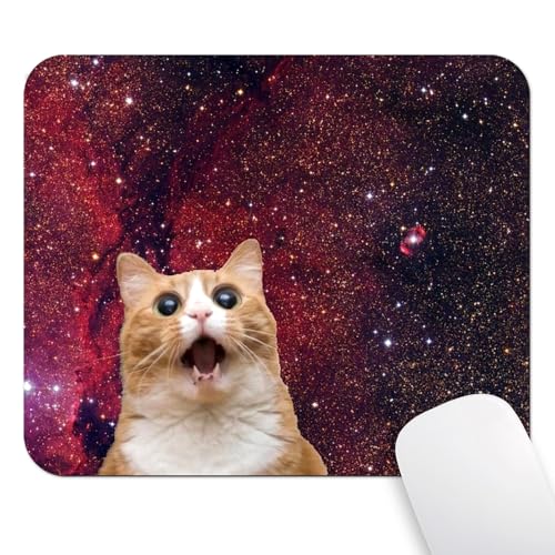 Surprised Space Cat Meme Mouse Pad, Funny Cosmic Kitty Red Nebula Desk Mat | Shocked Orange Tabby Cat Galaxy Background, Fantasy Design, 9.5 x 7.9 Inches, Anti-Slip Base, Cute Smooth Mousepad - color: Brown Dark Red