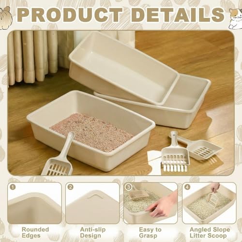 Amyhill 5 Pcs Open Cat Litter Box Kitten Litter Pan with 5 Scooper Medium Plastic Pet Tray Durable Nonstick Kitten Box for Indoor Pets Cats Rabbit Supply Easy to Clean, 14.6x10.6x3.4 Inch (Brown) - color: Brown