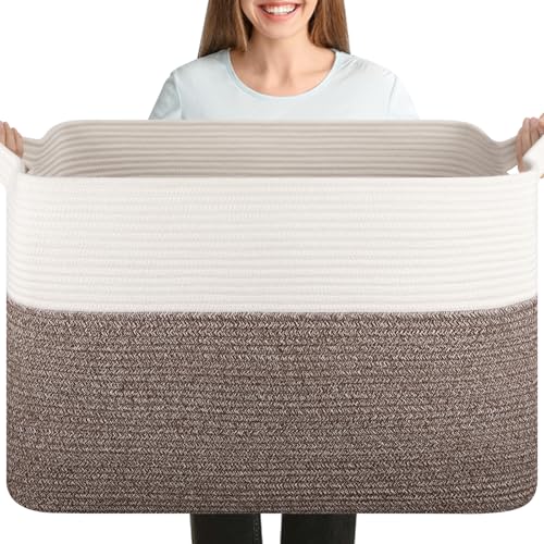 OIASKET 108L Cotton Rope Storage Basket for Living Room and Bedroom 25"x16"x16" Woven Laundry Basket, Heavy Duty Bin for Blankets, Pillows & Toys, Pet-Safe & Scratch-Free, Dark Brown and White - color: Dark Brown & White