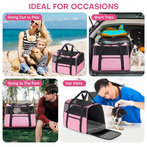 JUNGYOUN Premium Cat Carrier - Pet Carrier for Cat & Small Dogs up to 15lbs - Airline Approved Travel Dog Carrier with Anti-Escape Zippers, Collapsible Travel Bowl & Padded Strap - color: Pink, size: 17.5"L x 12.4"W x 13.5"H