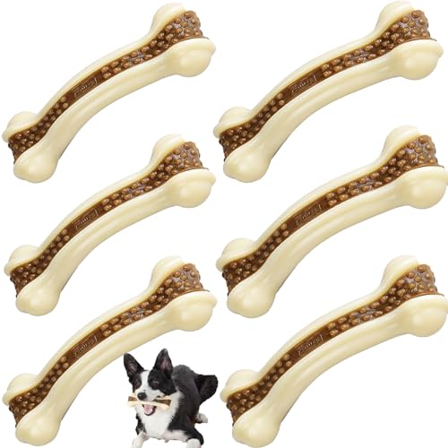 Dog Bones Chew Toys for Aggressive Chewers, 6 Pack Real Beef Flavor,Indestructible Dog Teething Chew Toys for Large/Medium/Small Puppies Breed,Tough Pet Toy with Nylon - size: 6 PCS Wbeeef bone