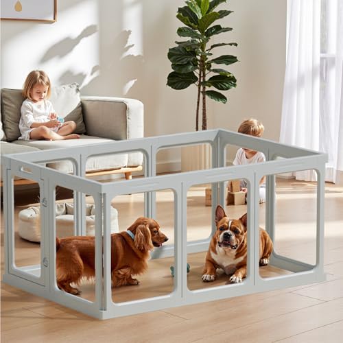 Clear Acrylic Dog Playpen - 33.4 x 33.4 Inch, 24" H 8 Planes Transparent Dog Fence Indoor, Sturdy Pet Pen for Puppy/Small Dog/Rabbit/Pig, Easy Assemble & Cleaning Plastic Whelping Box Enclosure, Grey - color: Grey