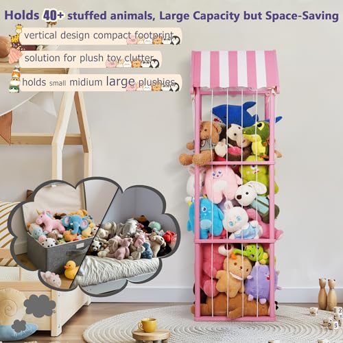 Wooden Stuffed Animal Storage Zoo 3-Tier, Anti-Tip Plush Toy Organizer | Large Capacity Stuffed Animal Organizer Holds 40+ Plushies, Anti-Tip Vertical Corner Toy Holder for Kids Nursery - color: Pink, size: Large