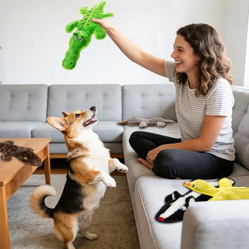 No Stuffing Dog Squeak Toys, 5 Pack Chew Toys for Small to Large Puppies | Durable Plush Puppy Teething Toys, Interactive to Keep Pets Busy, Toss Fetch Tug Play, Best Birthday Gift - color: Black, dark brown, green, yellow, coffee