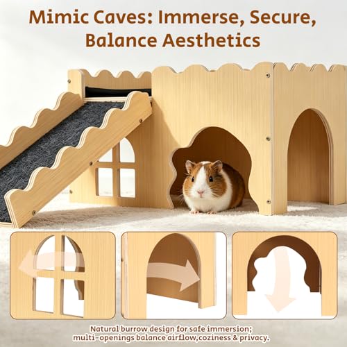 Wooden Guinea Pig Hideout Cave House, Guinea Pig Castle with Natural Cave-Style Entrance, Large Small Animal Habitat with Stairs, Waterproof Liner, Easy Assembly for Guinea Pigs, Rabbits & Hamsters - color: Tunnel Hideout
