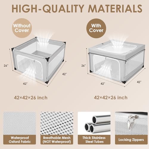EHEYCIGA 42x42x26 Dog Playpen with Top Cover for Dogs & Cats, Sliver Grey - color: Silver Grey, style: 42x42x26(With Cover)