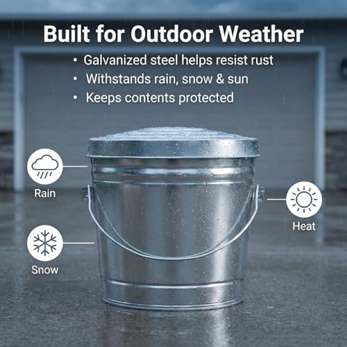Galvanized Steel Locking Lid Trash Can - 6-Gallon Rodent-Proof Outdoor Storage Bin with Weather-Resistant Lid, Pet Food, Bird Seed, Charcoal Storage, Heavy Duty Metal Can